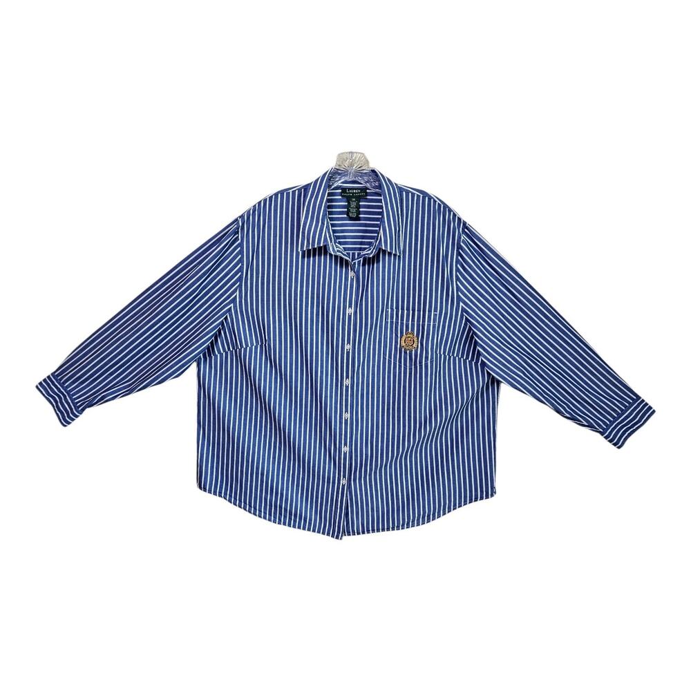 LAUREN RALPH LAUREN Women's Plus 3X Shirt Vertical Striped Embroidered Crest 54"